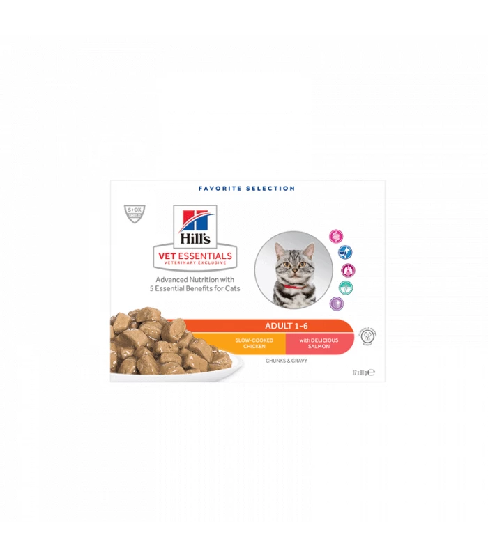 HILL'S Pet Nutrition Pâtée ADULT POULET & SAUMON MULTIPACK Chat 12x85g - Vet Essentials 1 HILL'S Pet Nutrition Pâtée ADULT POULET & SAUMON MULTIPACK Chat 12x85g - Vet Essentials